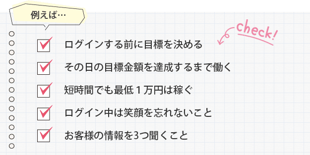 例えば・・・✓ログインする前に目標を決める✓その日の目標金額を達成するまで働く✓短時間でも最低1万円は稼ぐ✓ログイン中は笑顔を忘れないこと✓お客様の情報を3つ聞くこと